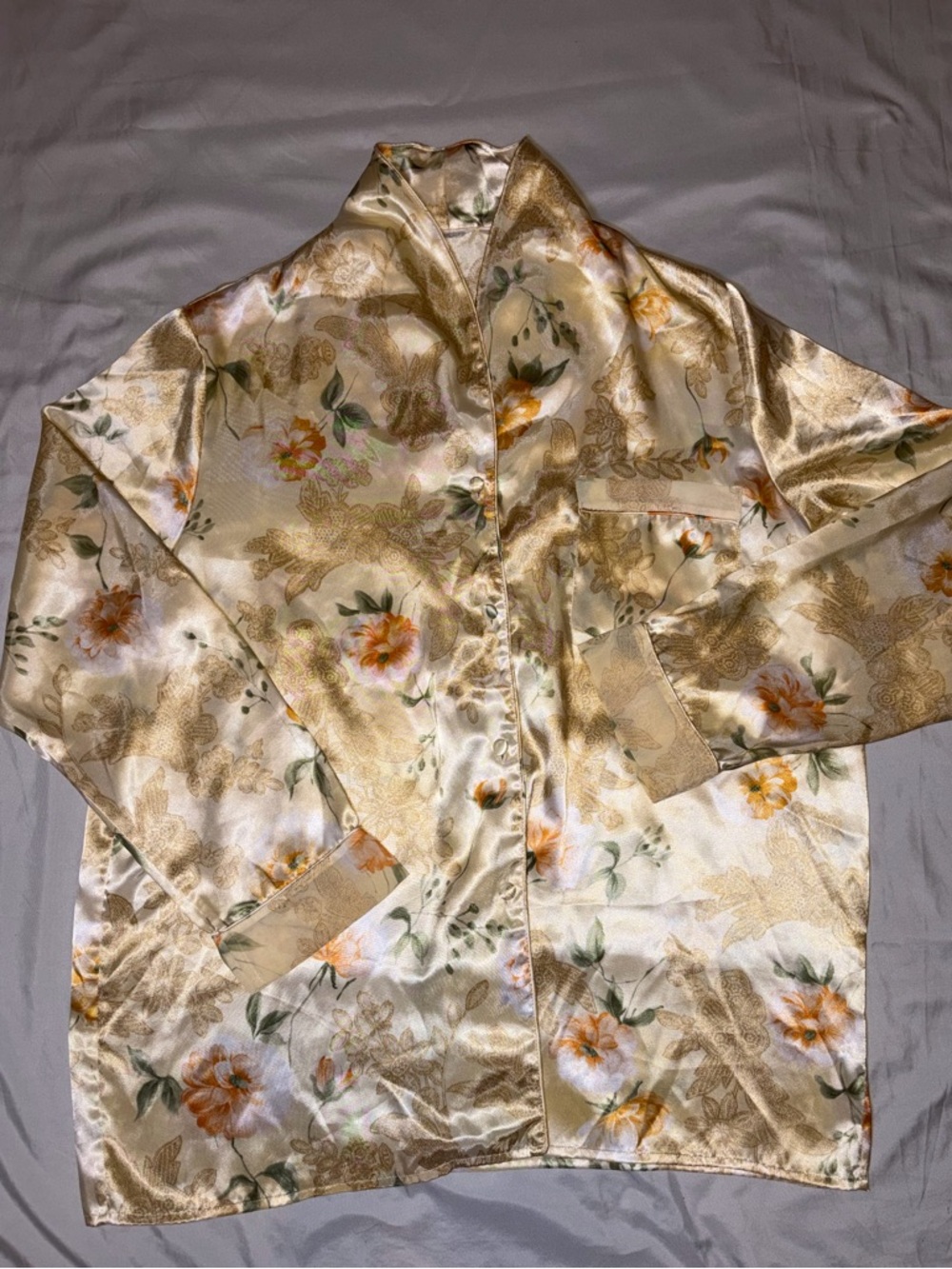 VINTAGE Satin Floral Blouse in Gold and Cream